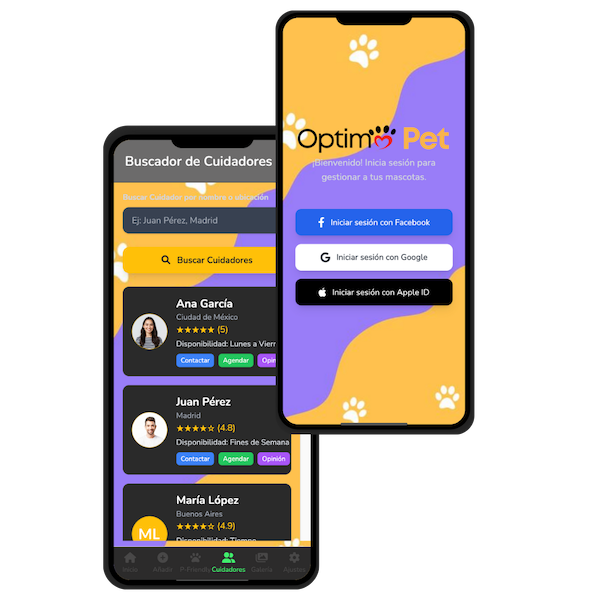 Optimo Pet mobile app interface
